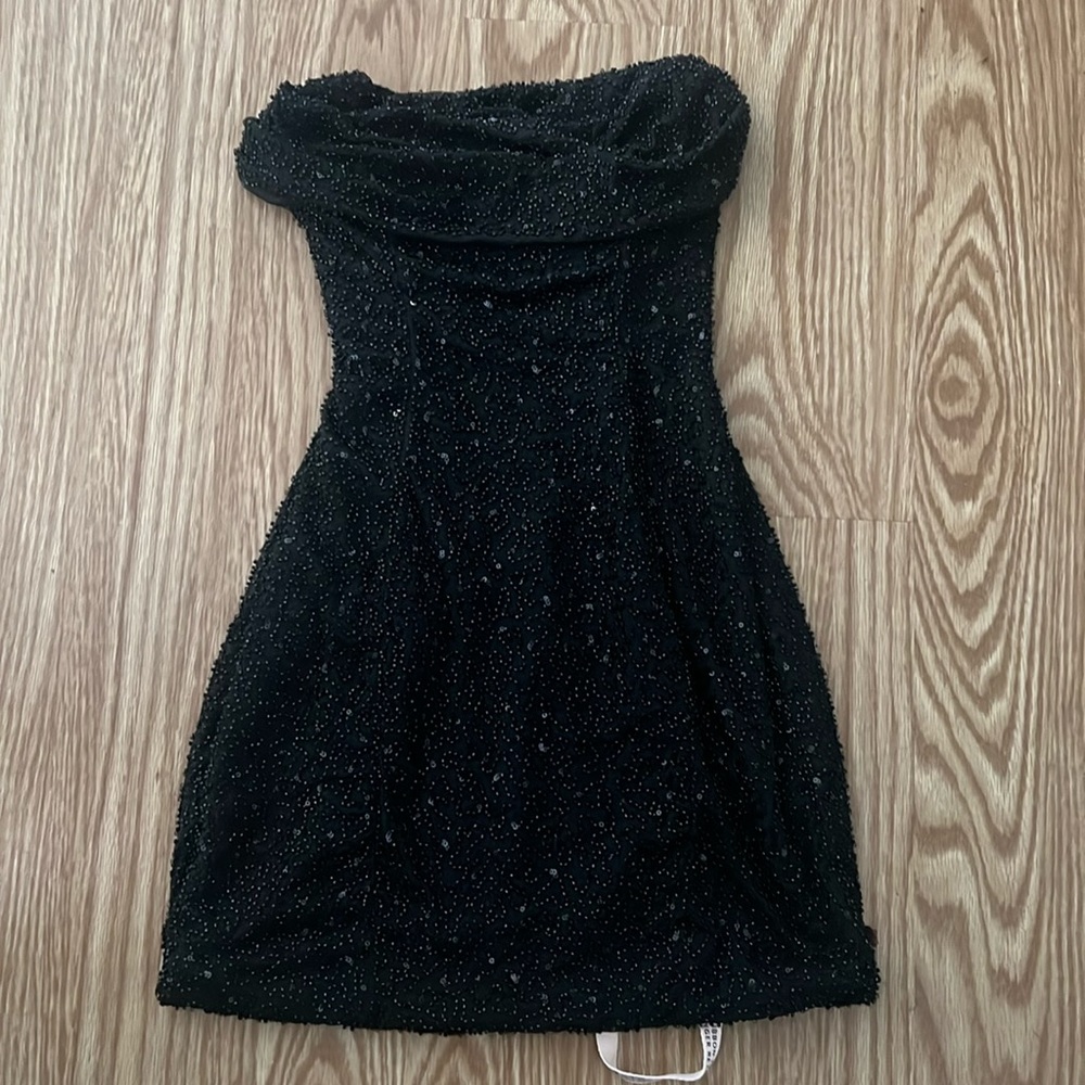 Embellished Strapless Cowl Neck Mini Dress in Black